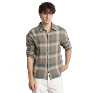Men's Brown Checked Relaxed Fit Cotton Casual Shirt